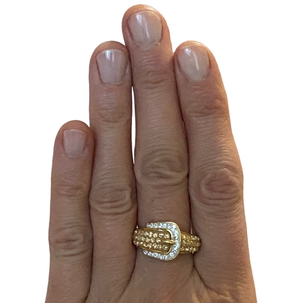 Sterling Silver with gold vermeil, stamped 925 & AU  with crystals buckle ring